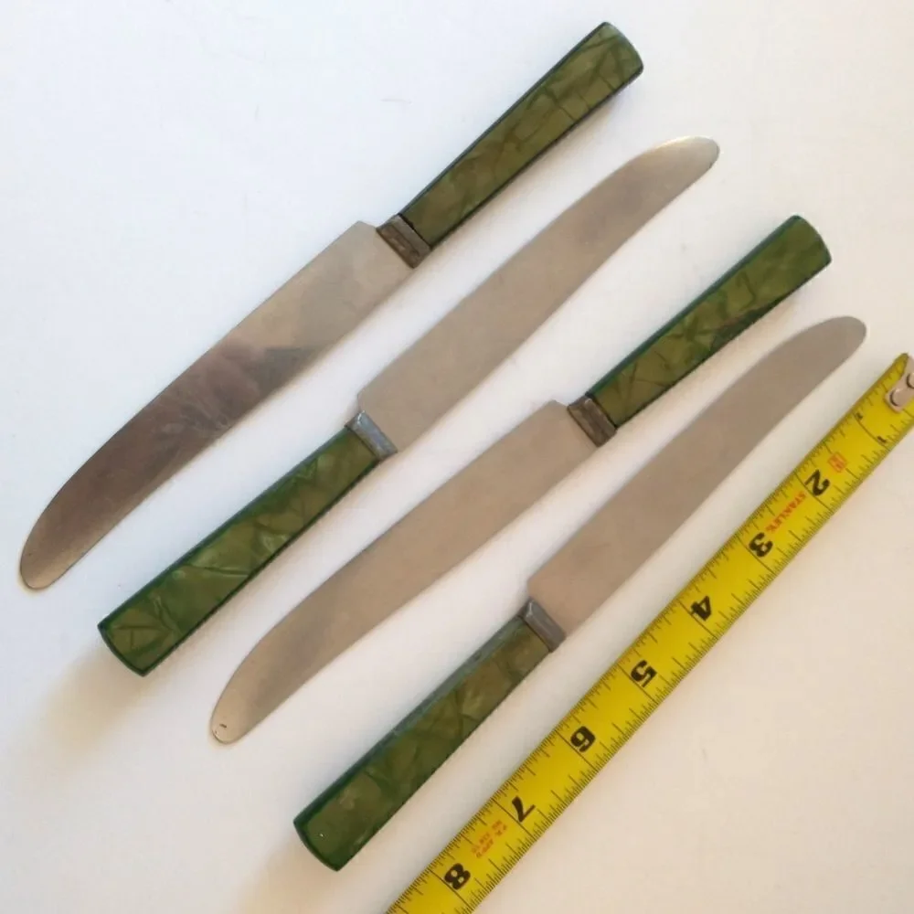 ROYAL BRAND Sharp Cutter Knife Set x 4 Marbled Celluloid Handles Stainless Steel